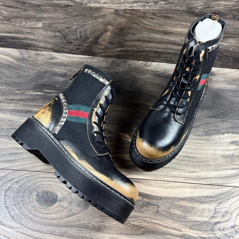 NIB Steve Madden 8.5M Burner Leather Studded Mixed Media Lug Sole Combat Boots - Picture 2 of 11